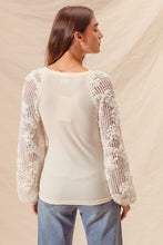 Load image into Gallery viewer, White Rib Knit Top With Lace Balloon Sleeves