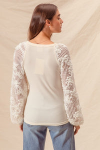 White Rib Knit Top With Lace Balloon Sleeves