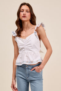 Floral Ribbon Embroidered Woven Baby Doll Top