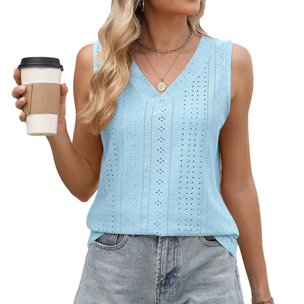 Sky Blue Eyelet V Neck Tank
