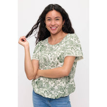 Load image into Gallery viewer, Green &amp; Ivory Crochet Trim Top