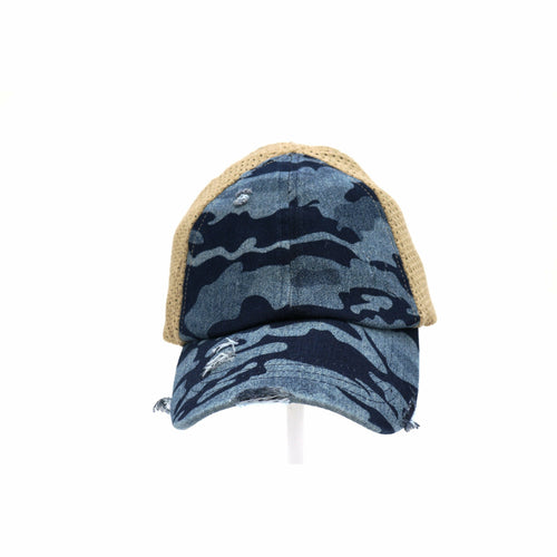 Denim Washed Camouflage Stretch Mesh High Pony CC Ball Cap