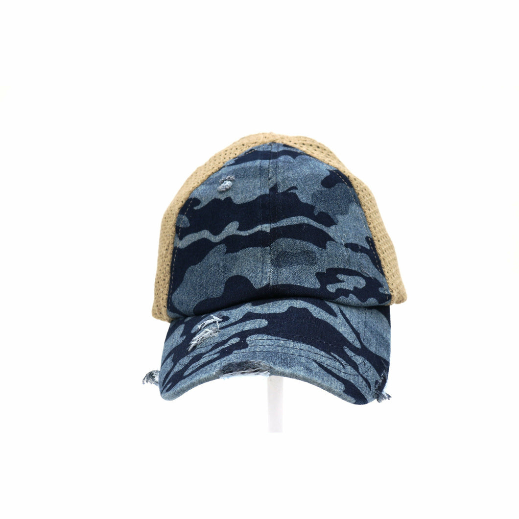 Denim Washed Camouflage Stretch Mesh High Pony CC Ball Cap