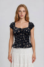 Load image into Gallery viewer, Black Floral Front Tie Top