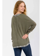 Load image into Gallery viewer, Olive Rib Knit Henley Top with Plaid Contrast Trim