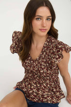 Load image into Gallery viewer, Burgundy Floral Smocked Ruffle Top