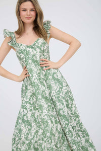 Moss Green Desert Print Ruffle Midi Dress