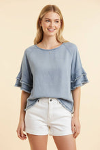 Load image into Gallery viewer, Fringed Tiered Sleeve Raglan Denim Top