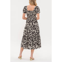 Load image into Gallery viewer, Black Floral Sq Neck Smocked Midi Dress