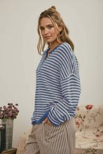 Load image into Gallery viewer, BUTTON HENLEY STRIPE LONG SLEEVE DROP SHOULDER SWEATER: BURGUNDY