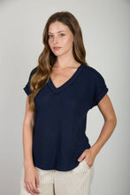 Load image into Gallery viewer, Navy V Neck Textured Top