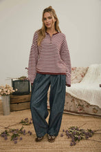 Load image into Gallery viewer, BUTTON HENLEY STRIPE LONG SLEEVE DROP SHOULDER SWEATER: BURGUNDY