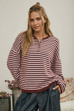 Load image into Gallery viewer, BUTTON HENLEY STRIPE LONG SLEEVE DROP SHOULDER SWEATER: BURGUNDY