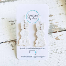 Load image into Gallery viewer, Bunny Earrings: Silver Glitter on White Cork