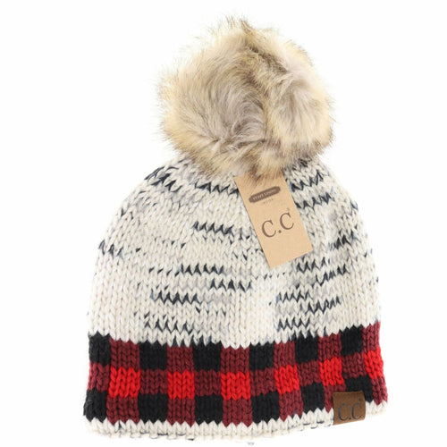 Buffalo Check Mixed Print Fur Pom C.C Beanie in Ivory/Red
