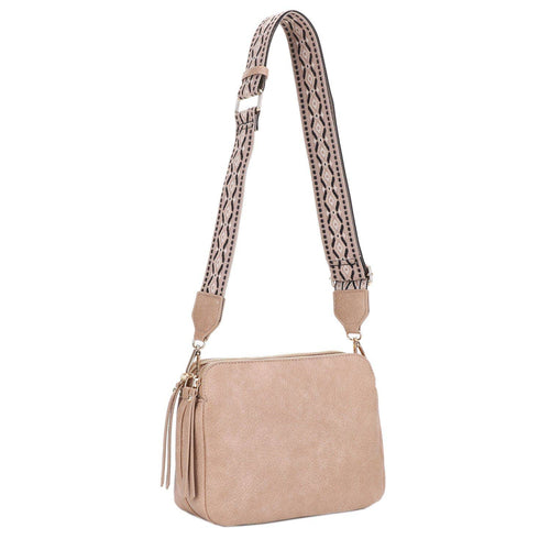 Mila 3 Compartment Crossbody Bag With Guitar Strap: Nude