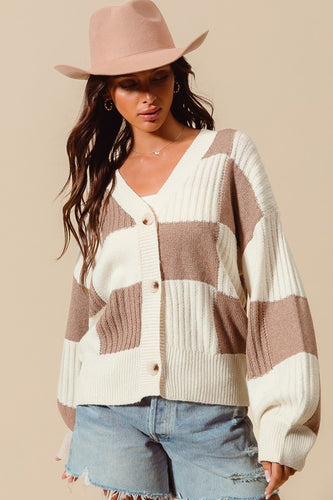 Checkered Button Front Textured Sweater Cardigan