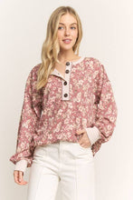 Load image into Gallery viewer, Marsala Puff Sleeve Floral Ribbed Top