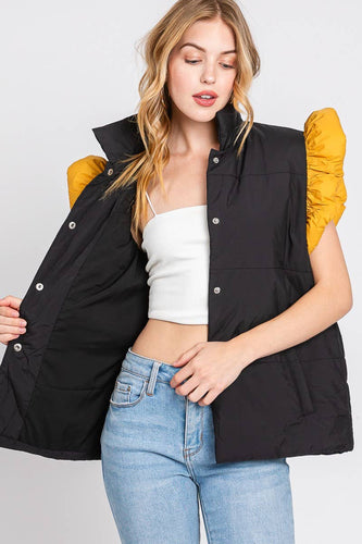 Black & Gold Puff High Neck Vest