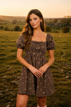 Load image into Gallery viewer, Brown Ditsy Floral Puff Sleeve Dress
