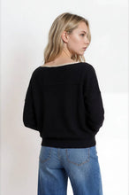Load image into Gallery viewer, CONTRAST TRIM OFF SHOULDER LONG SLEEVE SWEATER: BLACK