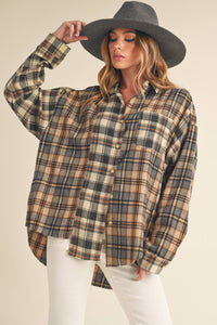Tan & Blue Plaid High Low Oversized Flannel