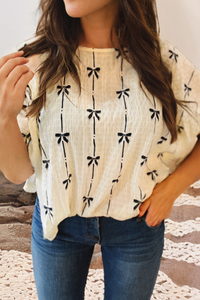 Beige Bow Print Puff Sleeve Top