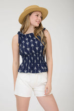 Load image into Gallery viewer, Navy Bow Pattern Tie Shoulder Tank