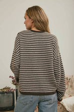 Load image into Gallery viewer, BUTTON HENLEY STRIPE LONG SLEEVE DROP SHOULDER SWEATER: BURGUNDY