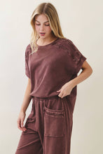 Load image into Gallery viewer, Hot Cocoa Mineral Washed Flower Trimmed Shoulder Top