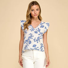 Load image into Gallery viewer, Blue Floral V-Neck Ruffle Top