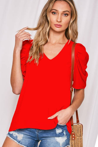 Red V Neck Puff Sleeve Top