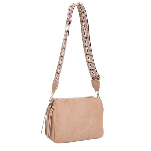 Mila 3 Compartment Crossbody Bag With Guitar Strap: Taupe