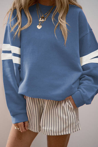 Blue Contrast Striped Drop Shoulder Sweatshirt