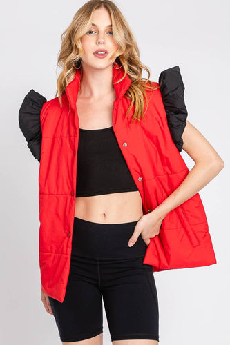 Red & Black Puff High Neck Vest
