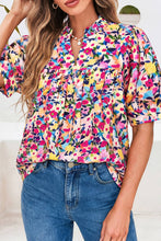 Load image into Gallery viewer, Pink Flower Frilled Collar Short Puff Sleeve Top