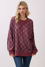 Load image into Gallery viewer, Burgundy Checkered Print Drop Shoulder Pullover Top