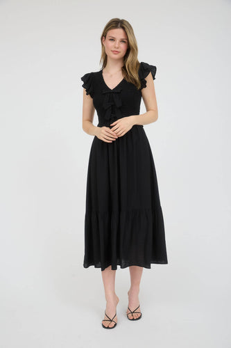 Black Bow Detail Smocked Midi Dress
