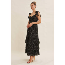Load image into Gallery viewer, Black Ruched Foil Swiss Dot Maxi Dress