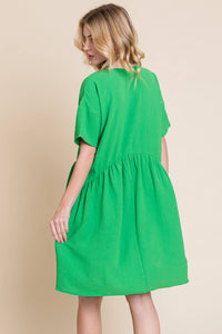 Green Textured Shirred Waist Dress