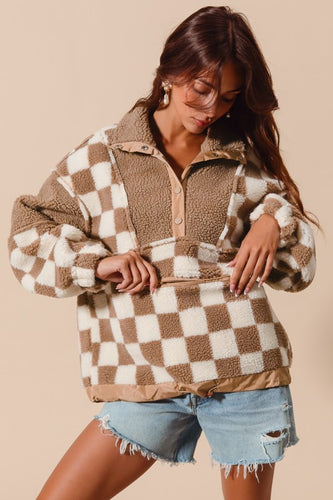 Taupe Checkered Fleece Block Pullover Top