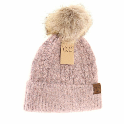 Soft Cuff Cable Knit Fur Pom C.C Beanie in Rose