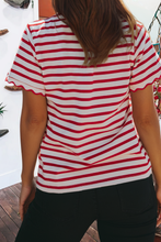 Load image into Gallery viewer, Red Stripe Scalloped Trim Round Neck Top