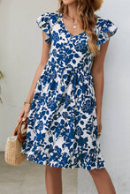 Load image into Gallery viewer, Navy V-Neck Ruffle Sleeve Floral Print Dress
