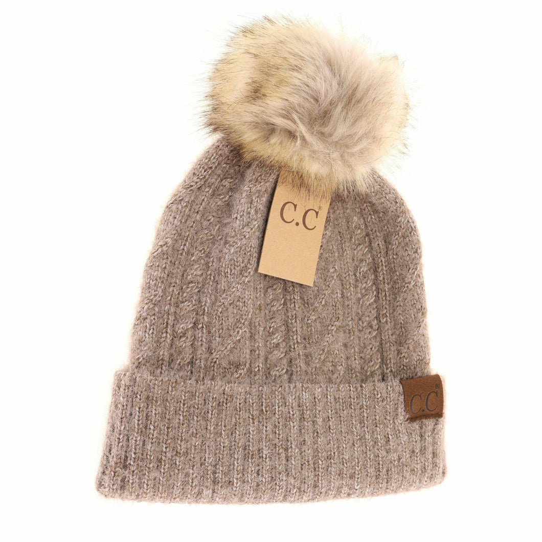 Soft Cuff Cable Knit Fur Pom C.C Beanie in Taupe