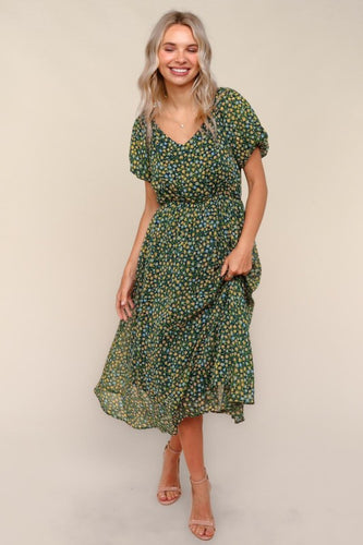 Navy Chiffon Floral Print Midi Dress