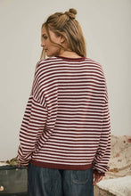 Load image into Gallery viewer, BUTTON HENLEY STRIPE LONG SLEEVE DROP SHOULDER SWEATER: BURGUNDY