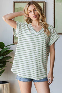 Cream & Mint V Neck Stripe Top