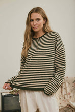 Load image into Gallery viewer, BUTTON HENLEY STRIPE LONG SLEEVE DROP SHOULDER SWEATER: BURGUNDY