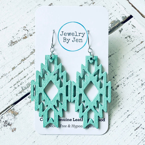 Wood Cutout Rhombus Earrings: Turquoise